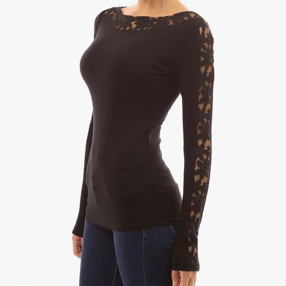🖤 PattyBoutik Women Boat Neck Lace Inset Long Sleeve Blouse - Picture 5 of 8